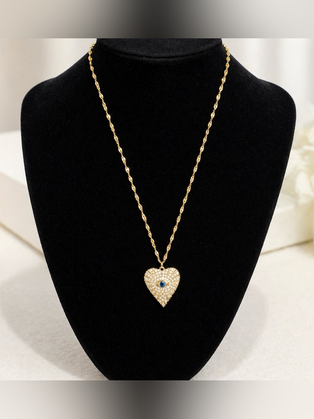 Gold Heart Pendant Necklace Evil Eye Pavé Rope Chain Adjustable 18”